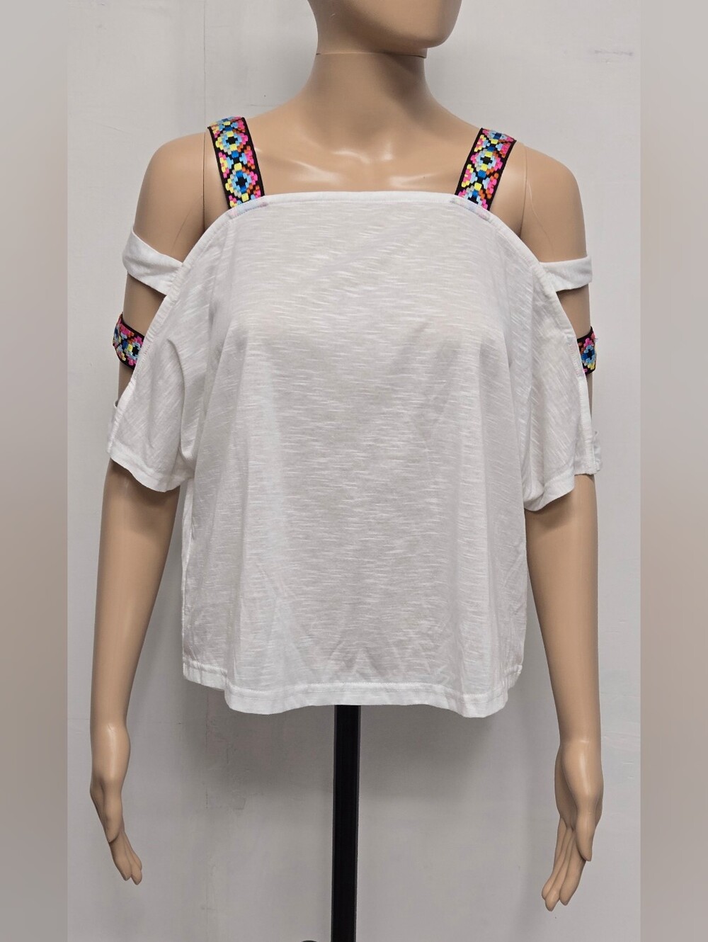 Shein XS Bright White Top Cut Out Sleeves Southwestern Pattern